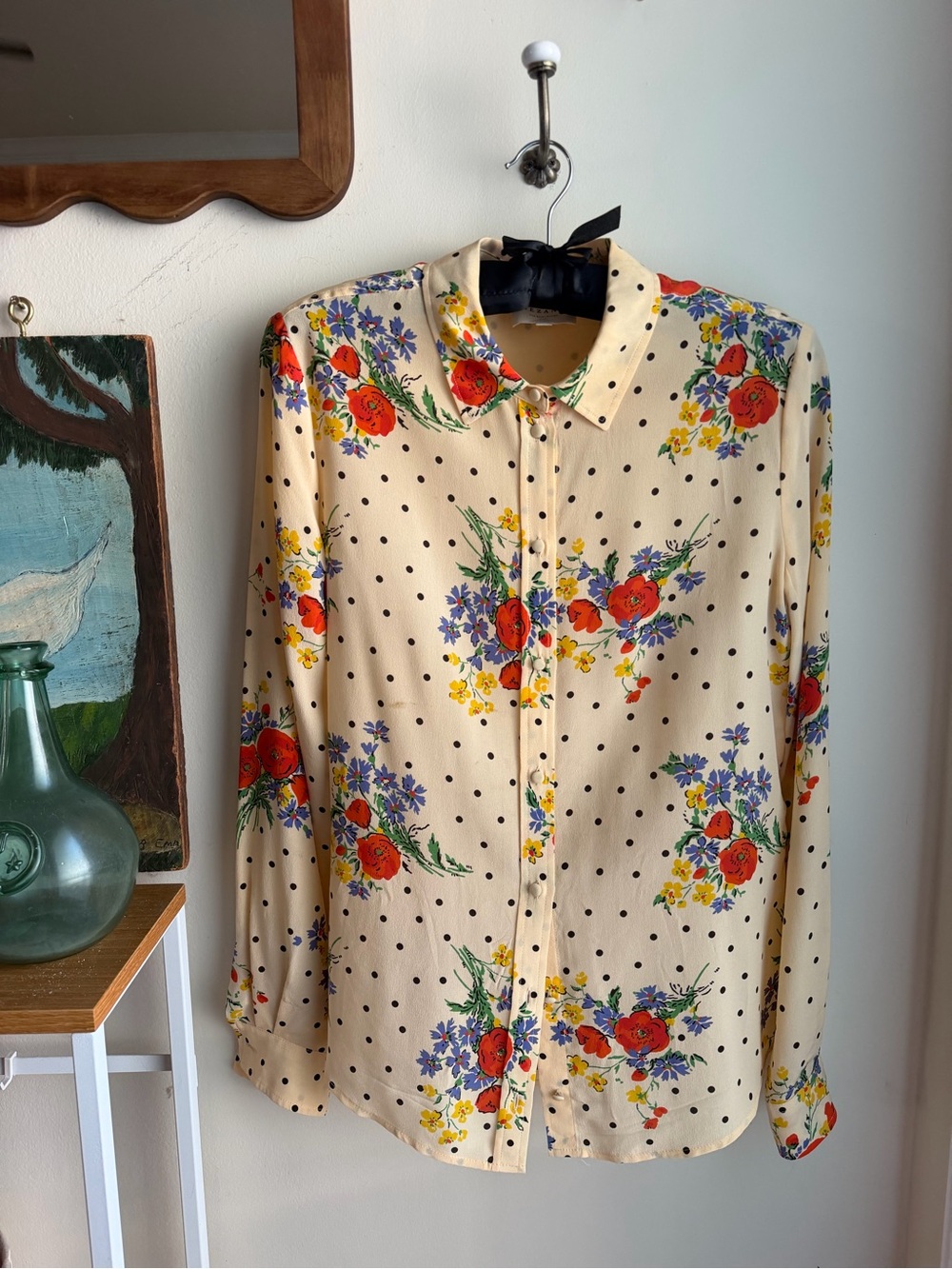 Sézane Ann Shirt Poppy Print 100% Silk Floral Polka Dot Size 34 XS